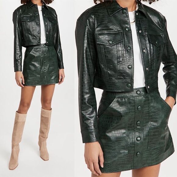 Veronica Beard Hendrix Croc Embossed Faux Leather Jacket Evergreen Green Size 2 - Picture 1 of 13